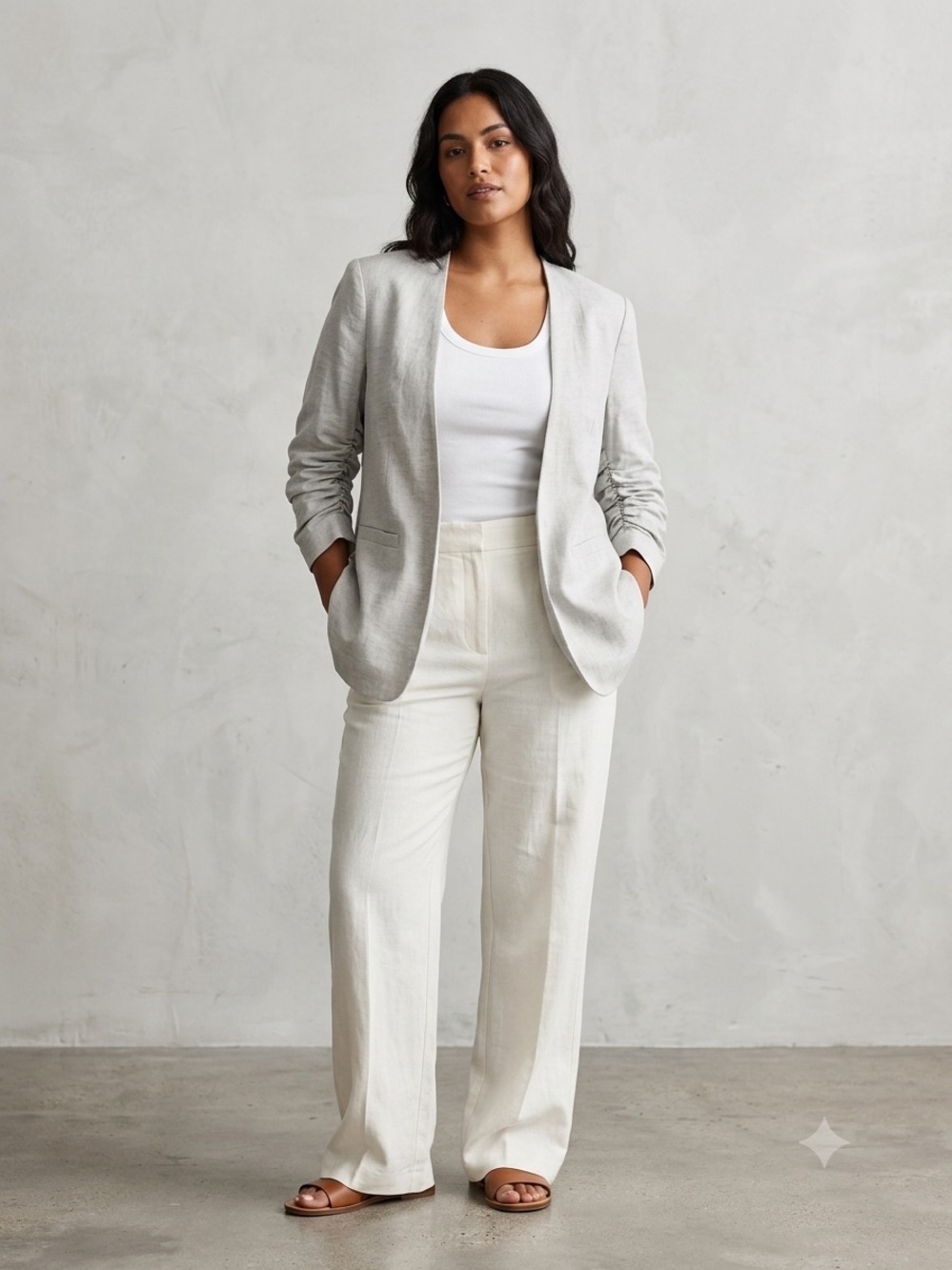 H&M Beige Linen Blazer – Ruched Sleeves – Elegant and Versatile